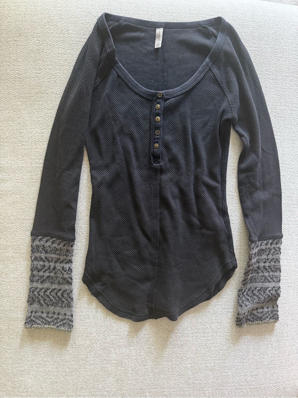 Free People Black Long-Sleeve Henley Top with Gray Patterned Cuffs